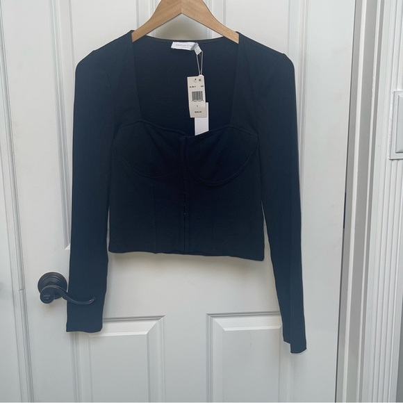 NEW Jonathan Simkhai {$225} Women's Black Ribbed Bustier Long-Sleeve Crop Top Lg - Picture 2 of 11